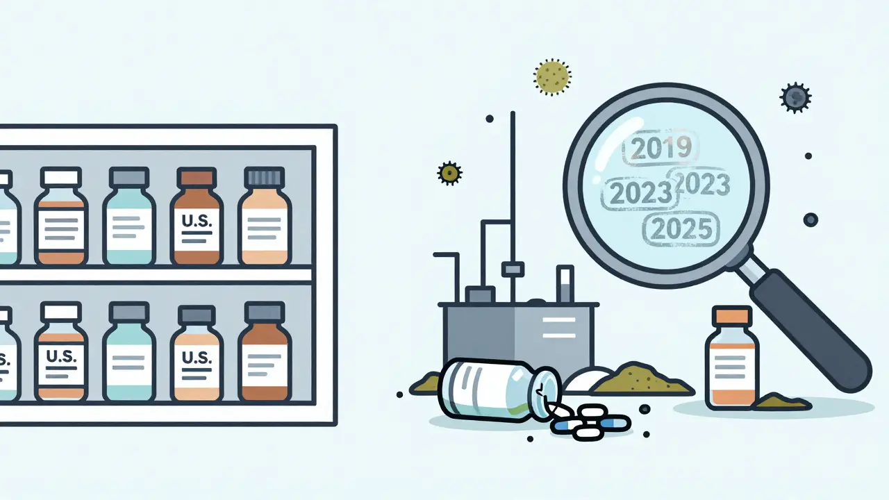 Split scene: clean U.S. pharmacy vs. dusty foreign factory with mold and mislabeled pills.