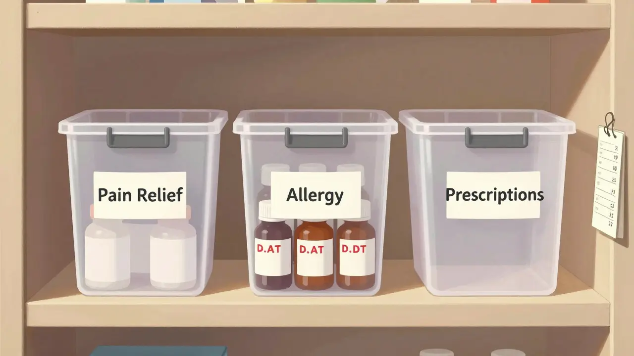 Three labeled bins organizing medications by type, with expiration dates clearly visible in front.