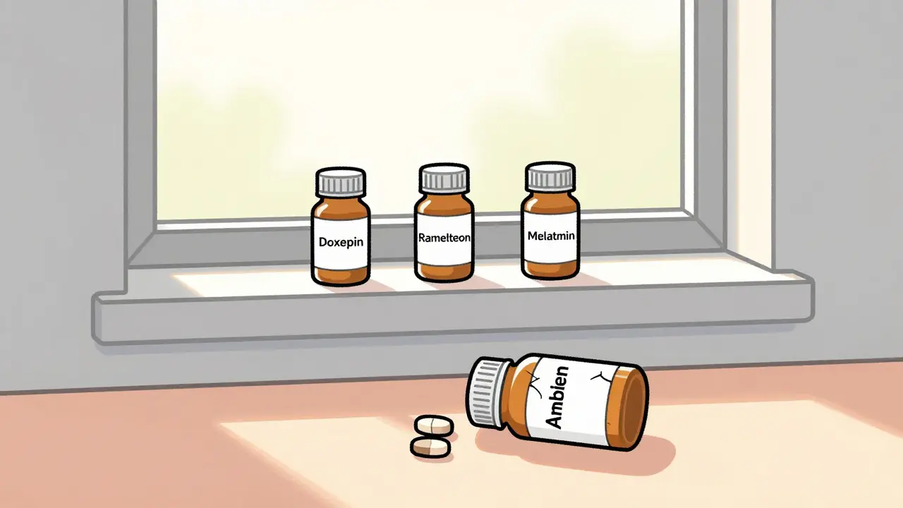 Three safe sleep meds on windowsill with discarded risky pill below