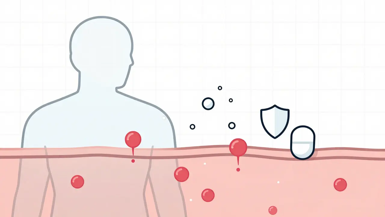 Transparent human torso showing mast cells releasing histamine bubbles blocked by a pill-shaped shield.