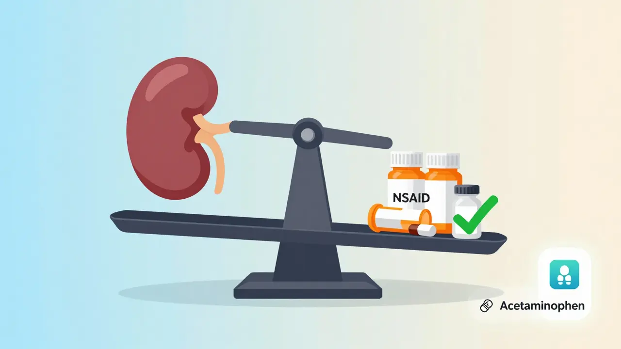 A balance scale showing kidney health vs. medication overload, with a safe alternative and app icon suggesting prevention.