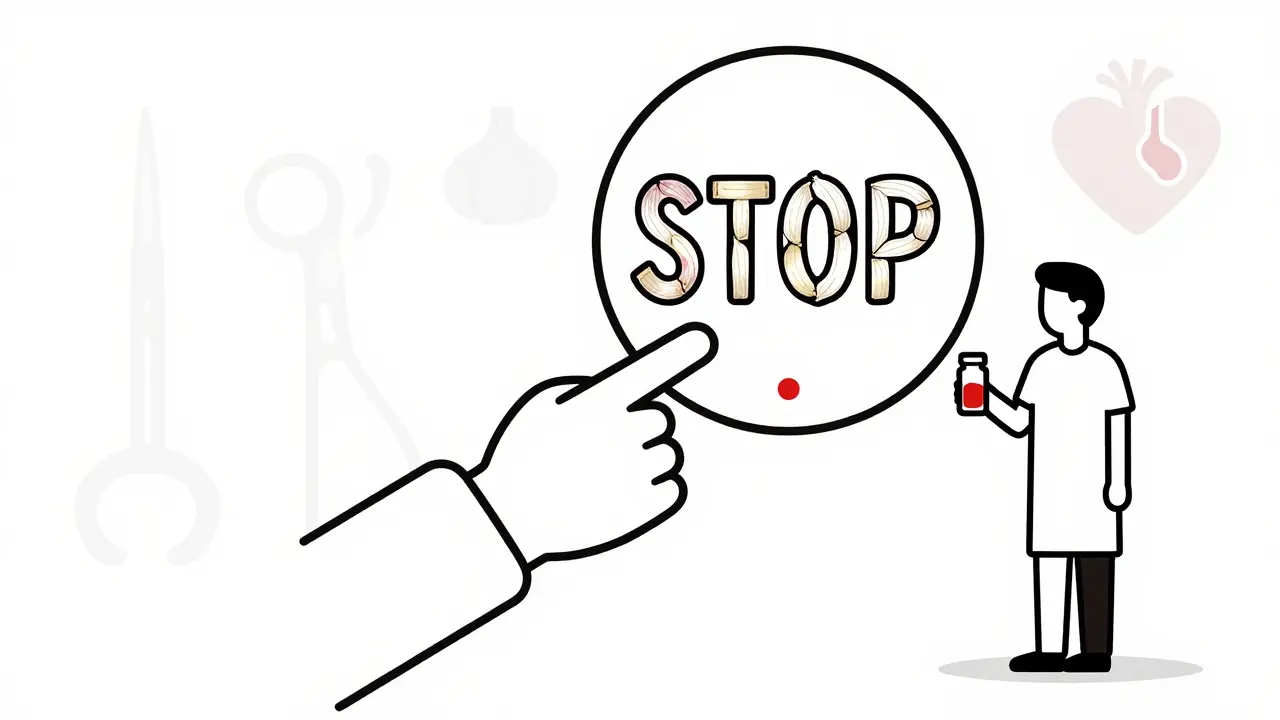 A doctor pointing at a STOP sign made of garlic cloves, with a patient holding a pill bottle and faint surgical tools in the background.