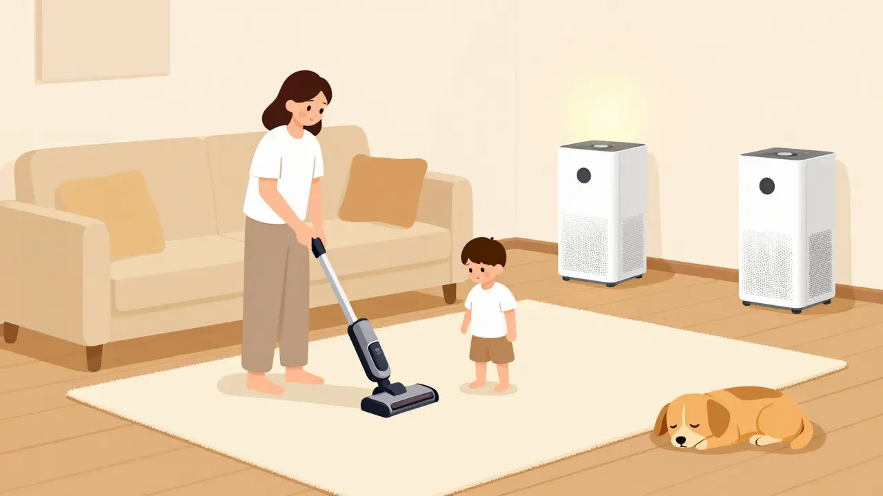 A family using a HEPA vacuum in a clean living room with a pet resting peacefully on hardwood floors.