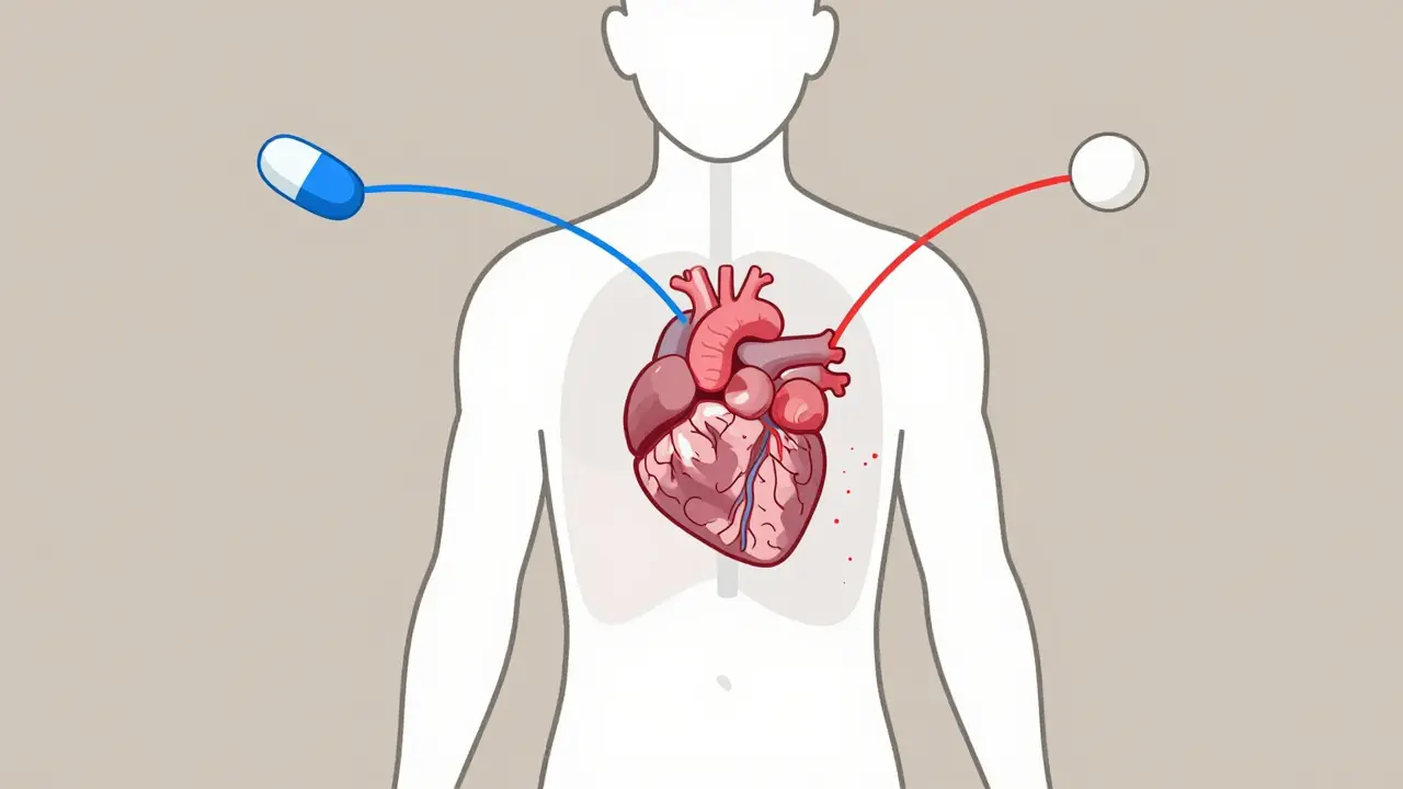A human silhouette with internal pathways showing smooth vs disrupted drug absorption due to different pill fillers.