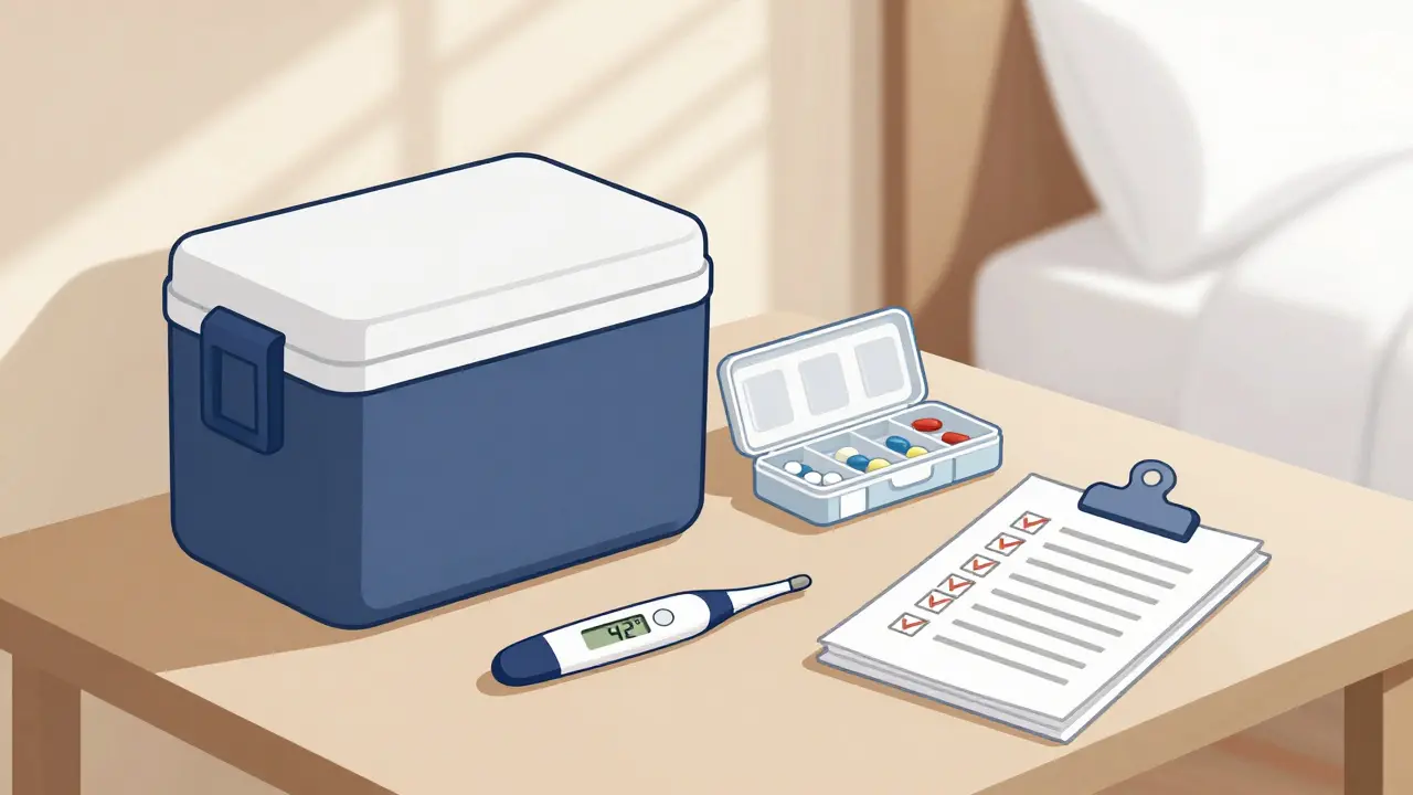 A morning travel routine showing a thermometer reading 42°F next to insulin and pills in a hotel room, with sunlight through blinds.