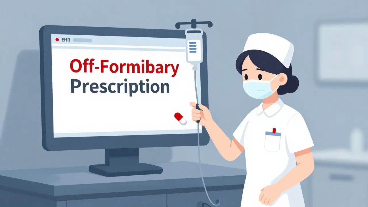 A nurse giving an IV while an EHR system flags an off-formulary prescription.