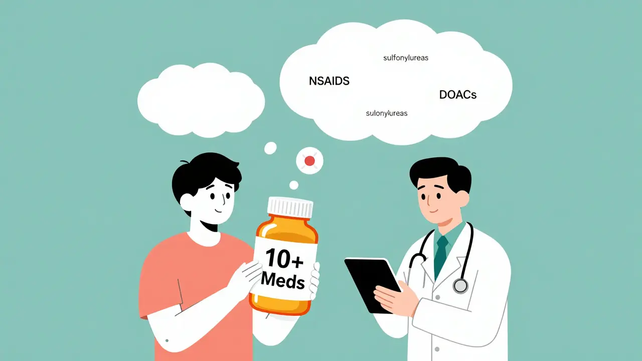 A patient surrounded by floating medication icons while a doctor checks an eGFR reading, highlighting drug risks in chronic kidney disease.