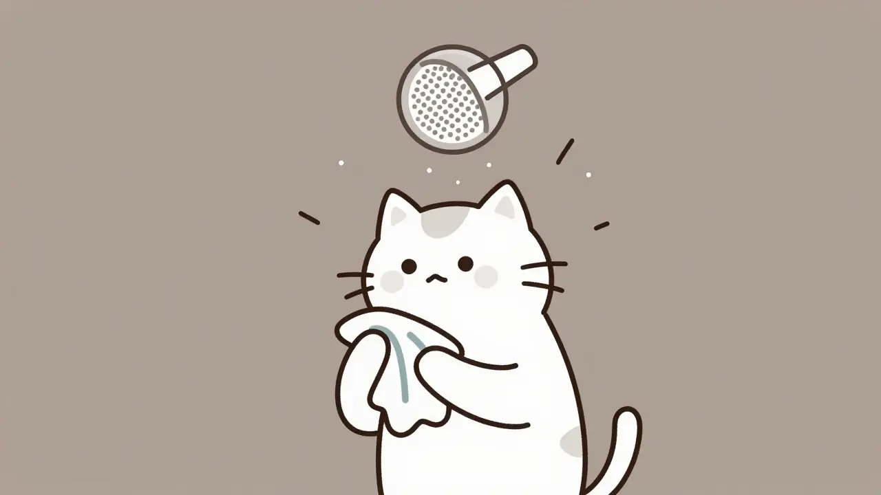 A person wiping a cat with a damp cloth as allergen particles are captured by a HEPA filter above.