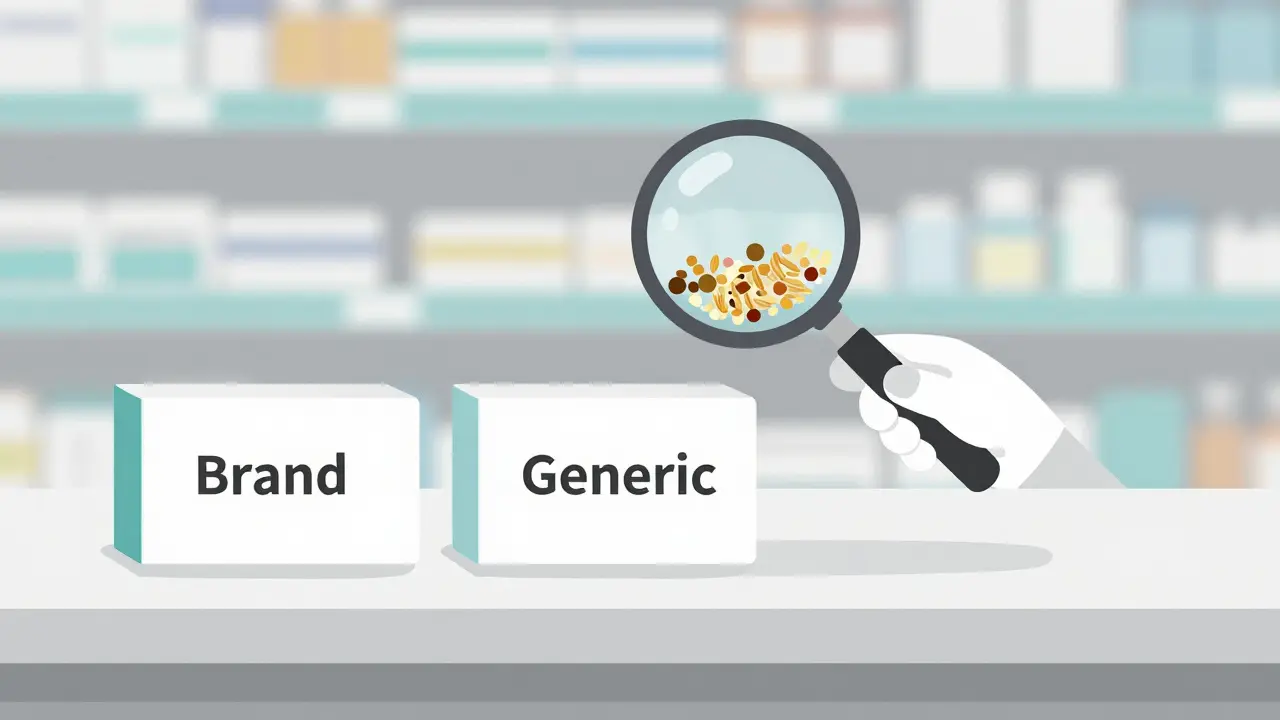 A pharmacist using a magnifying glass to reveal hidden excipients inside a generic medication pill.