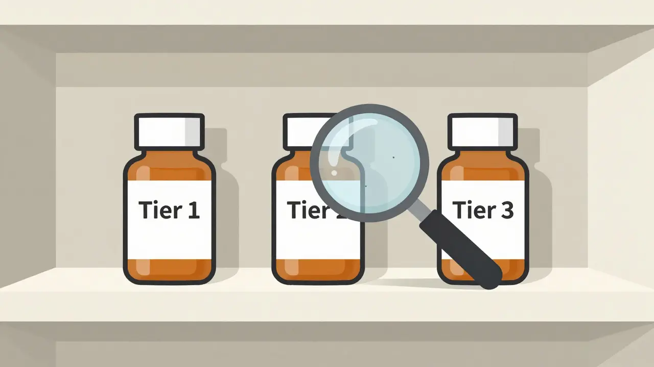 A pharmacy shelf with three tiers of generic drugs under a magnifying glass.