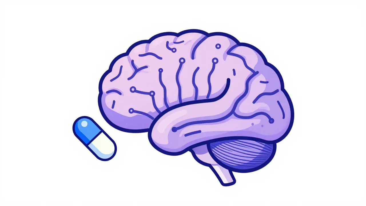 AI brain with circuit lines holding pill for automated drug testing