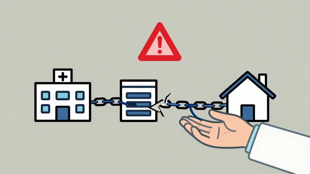Disconnected hospital, pharmacy, and home icons with a broken chain, repaired by a pharmacist's hand.
