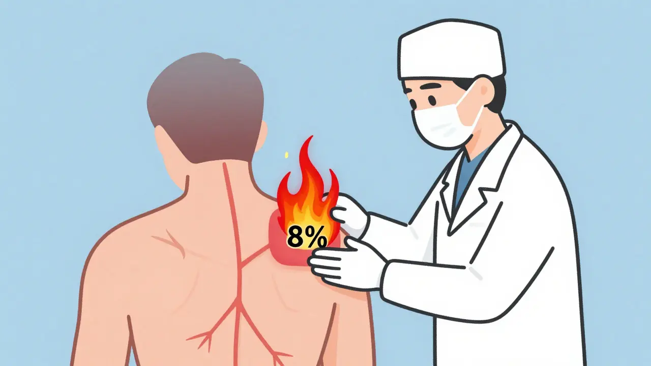 Medical professional applying capsaicin patch as fiery sparks turn to calm haze.