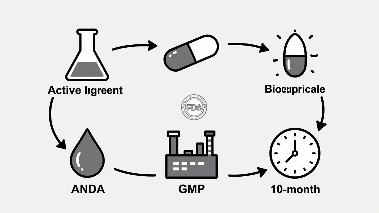 Minimalist flowchart of five steps showing the generic drug approval process with FDA seal in center.