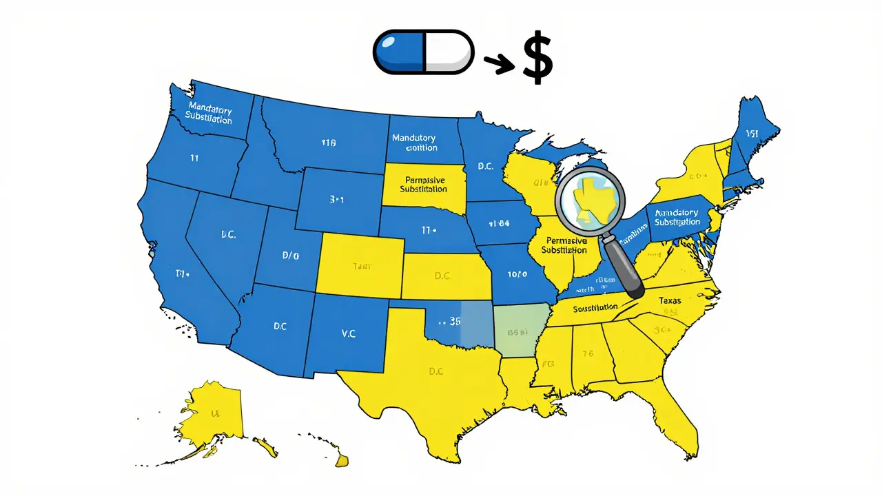 Minimalist U.S. map showing states with mandatory versus permissive generic substitution laws.