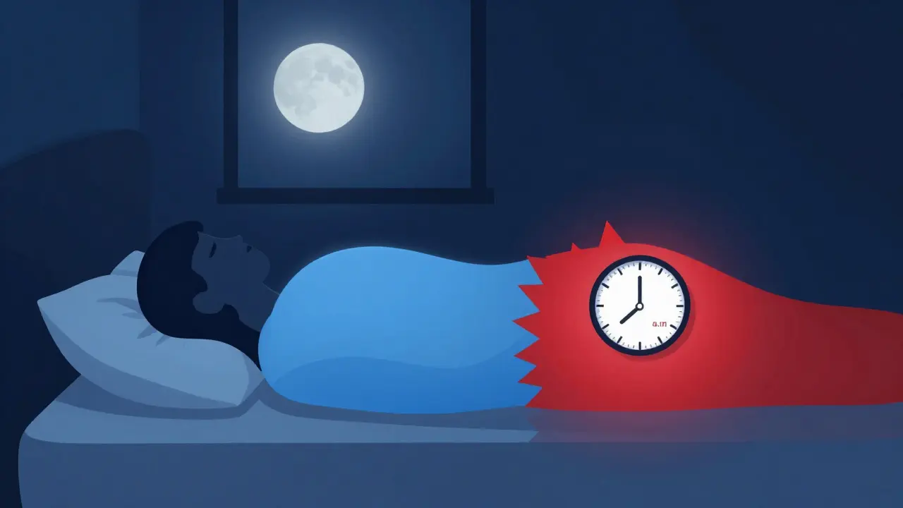 Nighttime scene showing contrasting pain relief effects of two nerve pain medications.