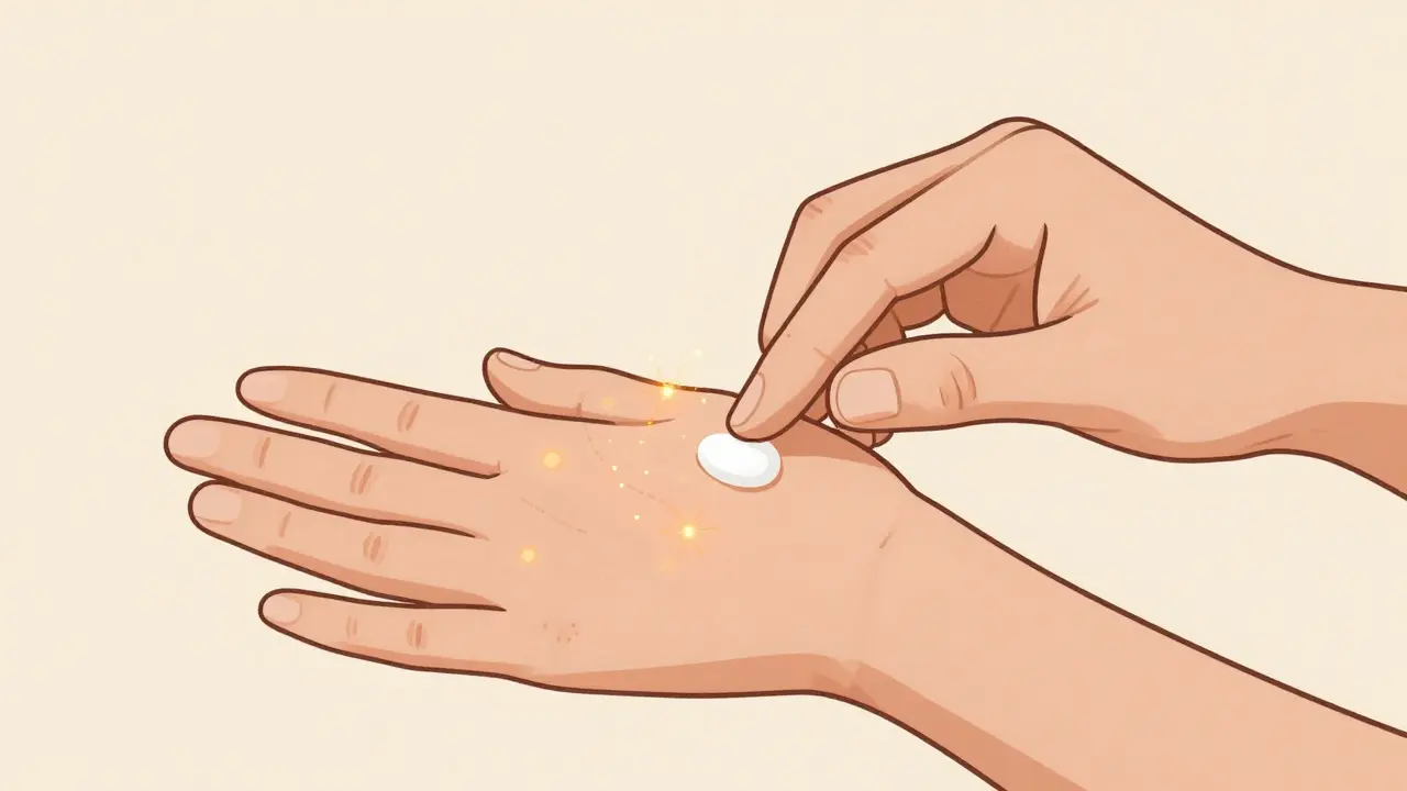 Person rubbing NSAID gel onto their hand with localized pain relief symbols.