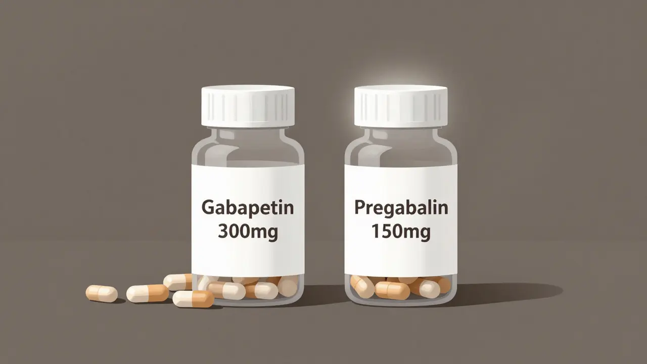 Side-by-side pill bottles comparing gabapentin's high volume to pregabalin's compact dosing.