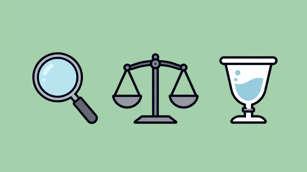 Three minimalist icons for identity, potency, and impurities testing