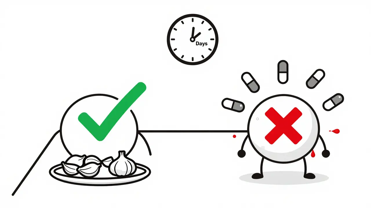 Two paths: one with a healthy platelet and food garlic, the other with a damaged platelet and supplement pills, a clock showing 7 days.