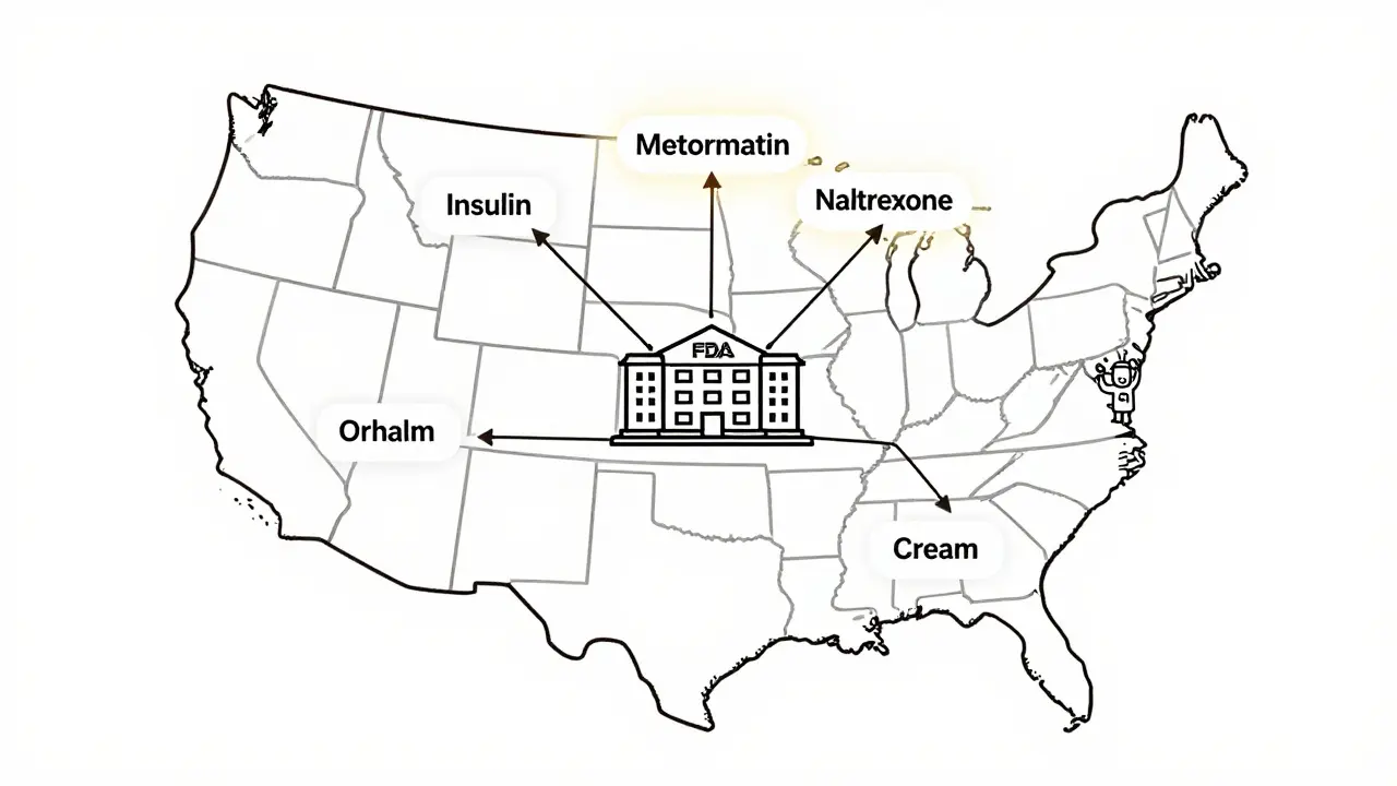 U.S. map with generic drugs radiating from FDA building to patients in five cities.