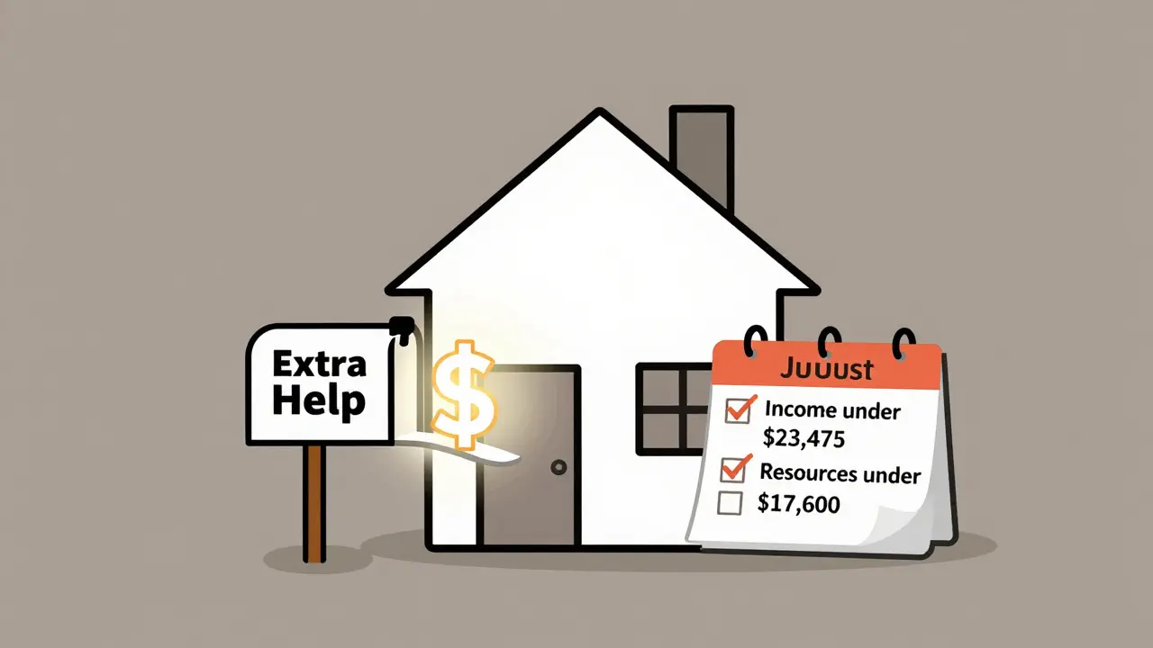 A house with a mailbox labeled 'Extra Help' opening to reveal a dollar sign and a calendar with August and January highlighted.