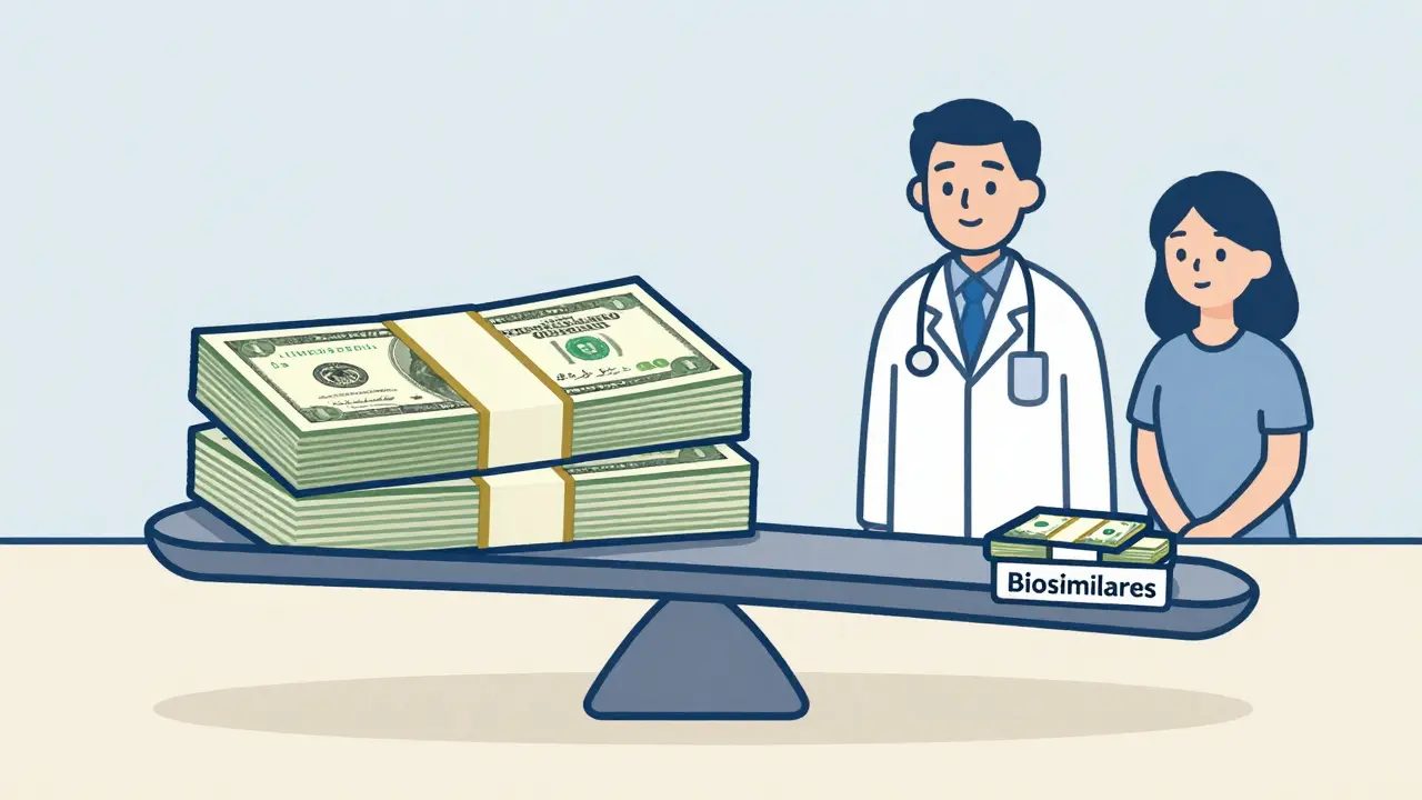 A scale balancing expensive biologic drug costs against cheaper biosimilar alternatives.