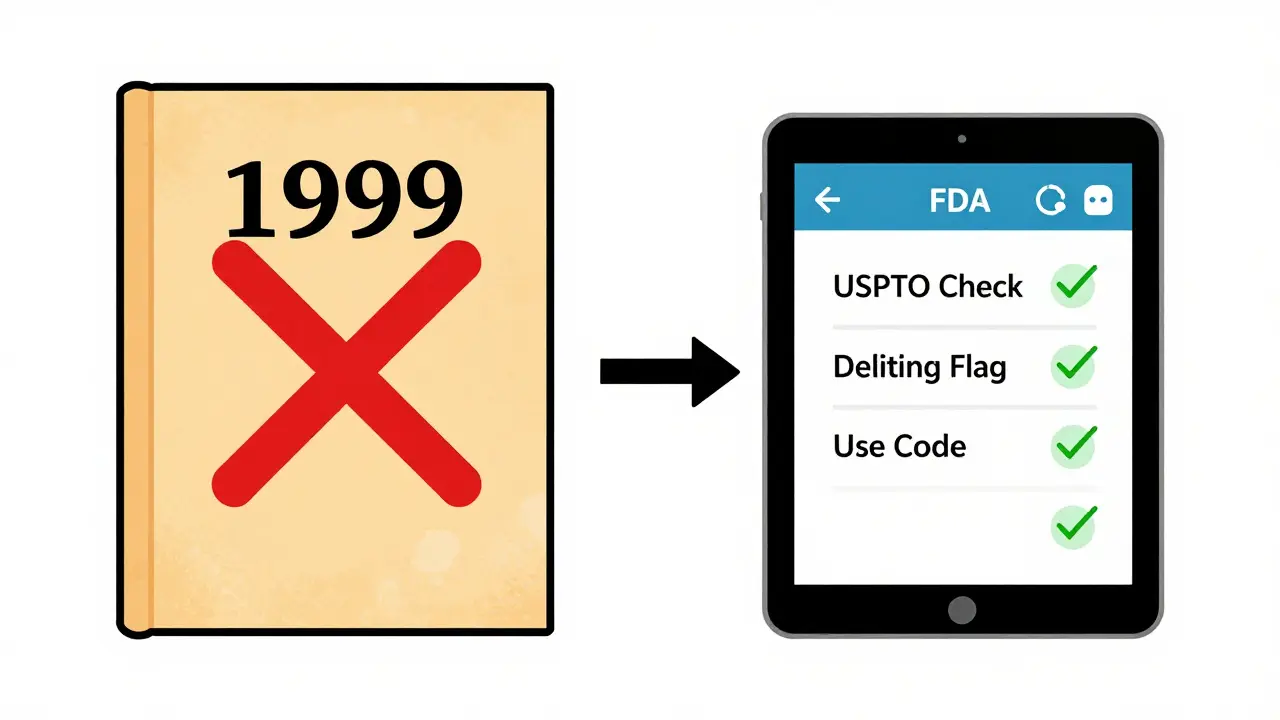 Comparison of outdated printed Orange Book versus modern digital FDA data interface with verification checklist.