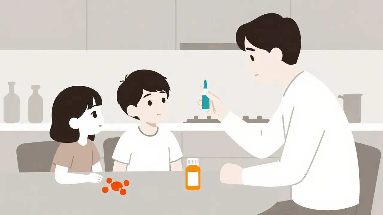 Family discussing naloxone use at home, with a pill bottle and toy on the table.