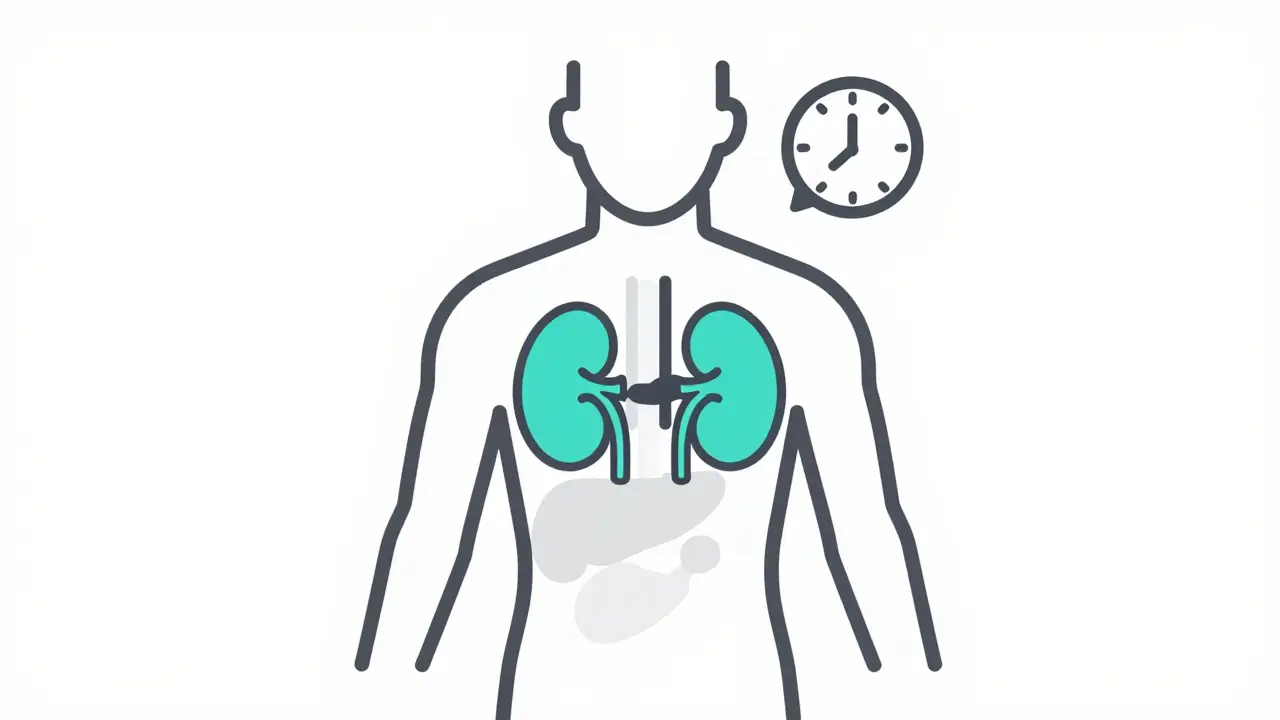 Human body silhouette highlighting kidneys for drug monitoring.