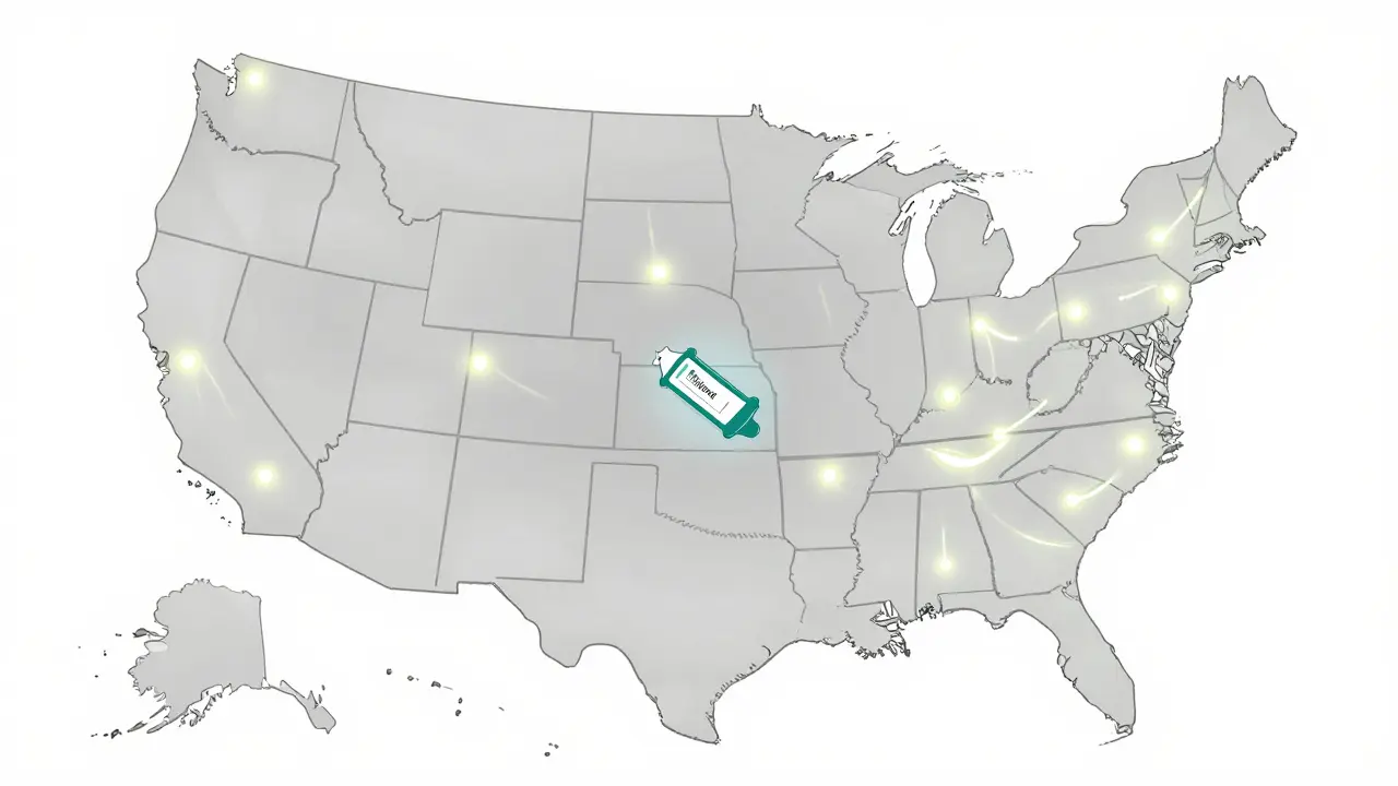 Map of the U.S. showing uneven naloxone access between urban and rural pharmacies.