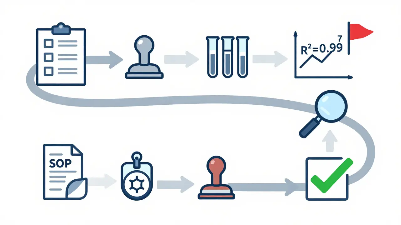 Minimalist 9-step lab verification process with icons and one missed step flagged in red.