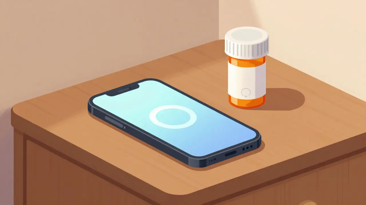 Nightstand with alarm clock and medicine bottle emphasizing timing.