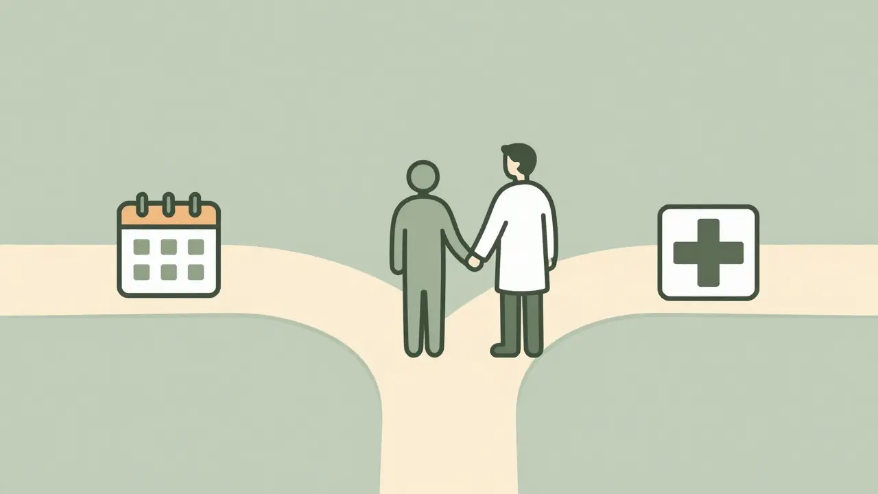 Patient and doctor at fork in road, symbolizing treatment choices.