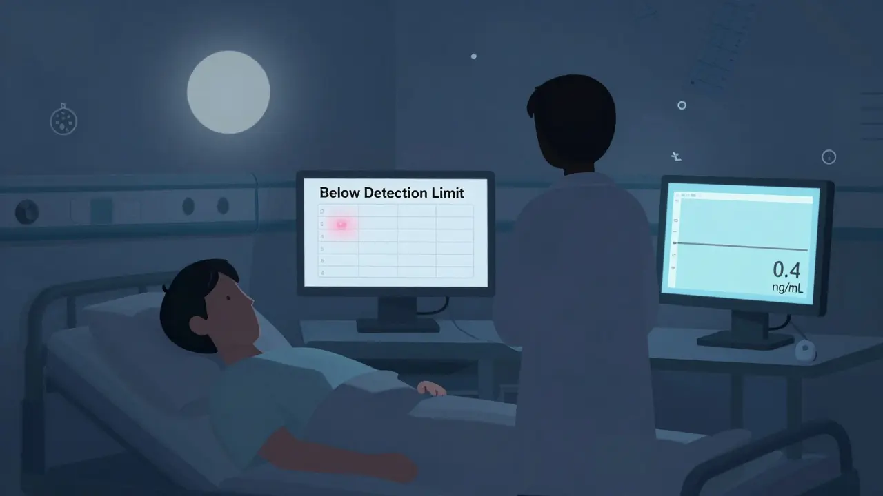 Patient sleeps as lab monitor shows hidden low drug level below detection threshold.