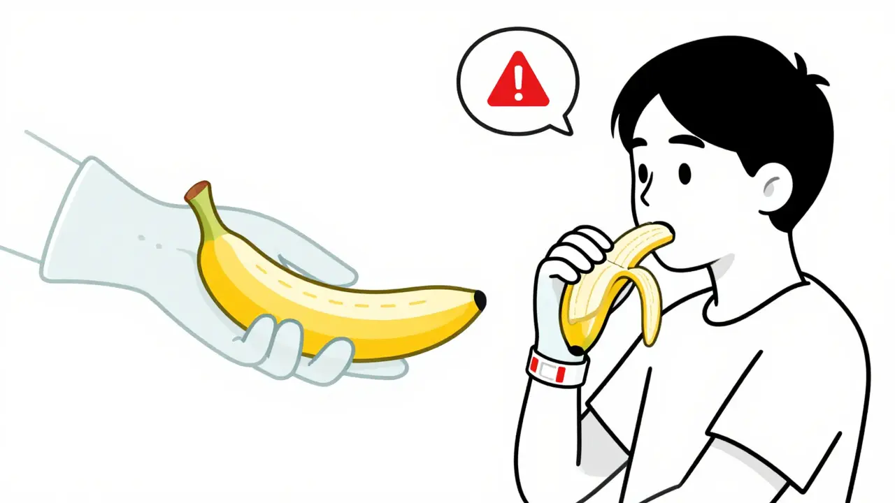 Person eating banana with latex glove and food protein overlap, wearing medical alert bracelet.