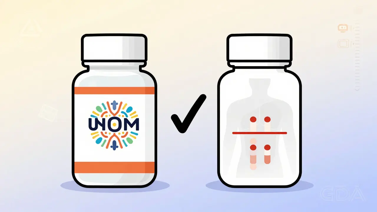 Plain generic pill bottle next to branded one with equal absorption in body.