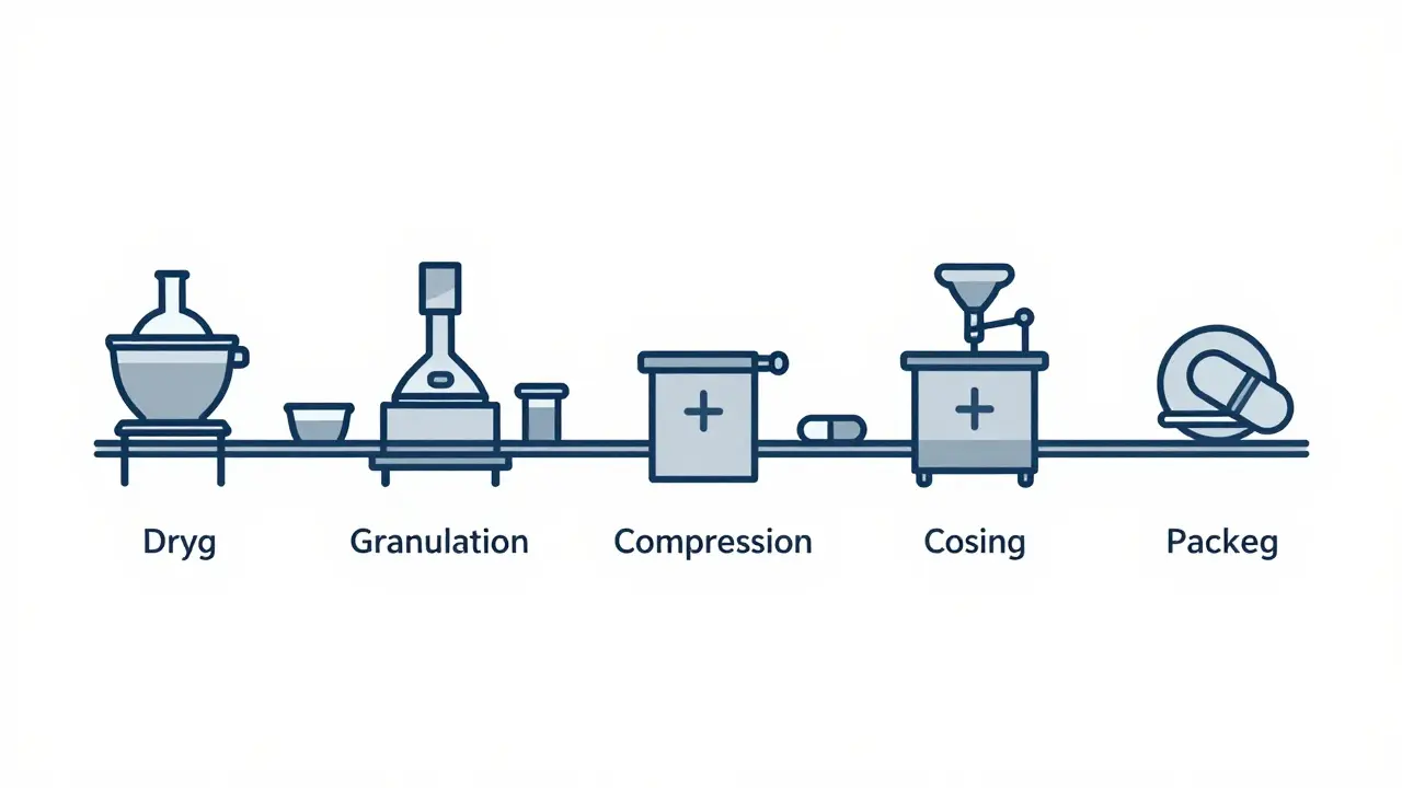 Seven-step minimalist production line for generic drug manufacturing.