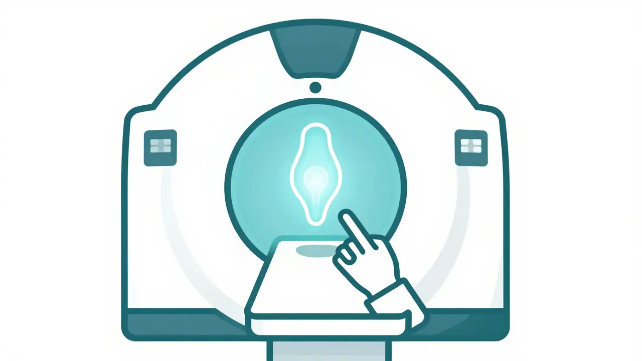Stylized MRI machine scanning prostate, indicating medical imaging.