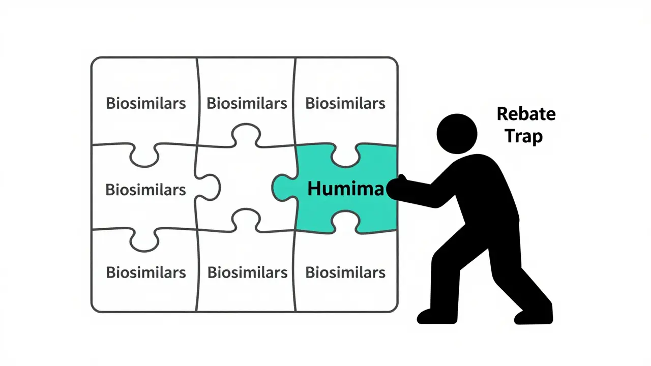Ten biosimilar puzzle pieces fitting where one original biologic piece sits, with a barrier blocking the fit.