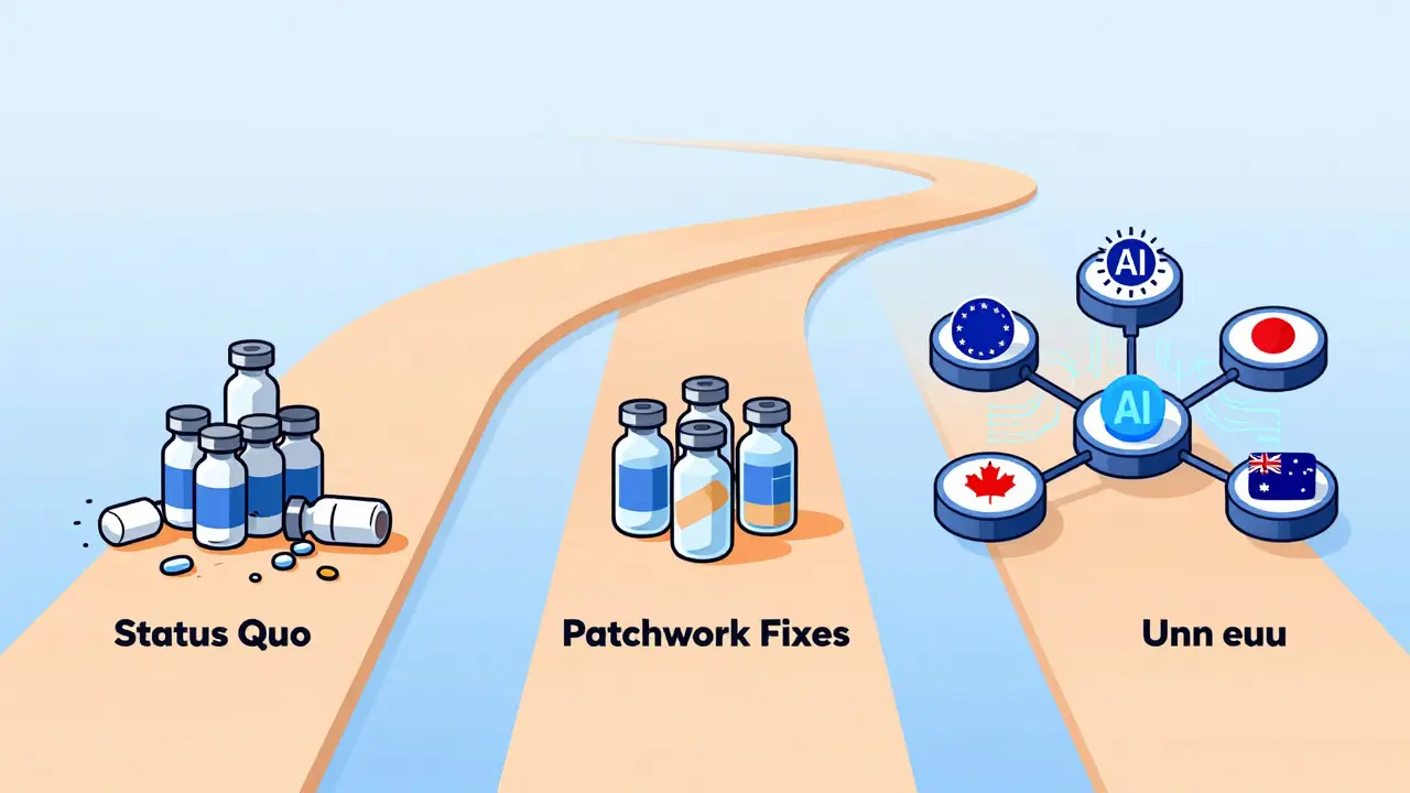 Three diverging paths showing drug shortage outcomes: collapse, patchwork, or connected global hubs with AI data flow.