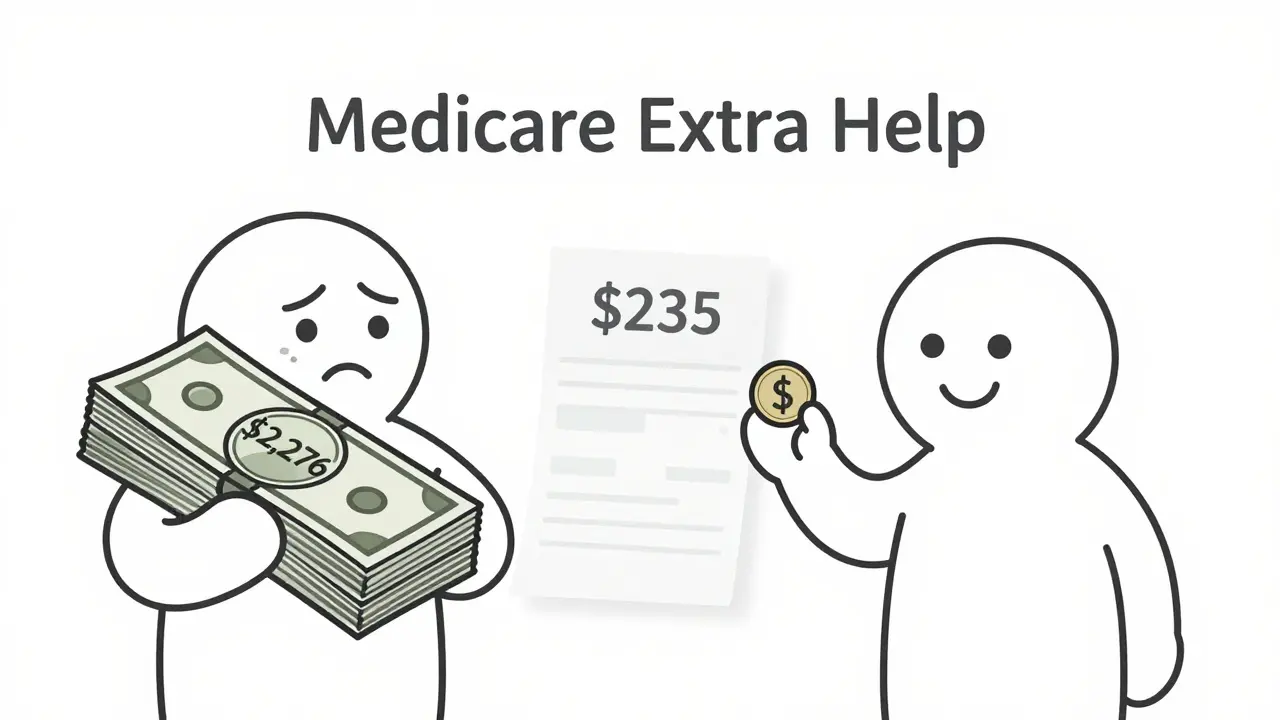 Two figures side by side: one overwhelmed by high drug costs, the other relieved with low copay, representing Medicare Extra Help savings.