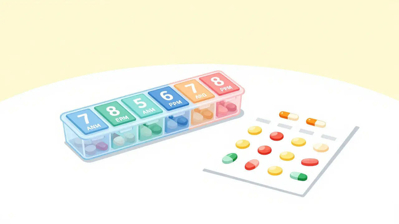 A colorful 7-day pill organizer and a visual medication photo chart