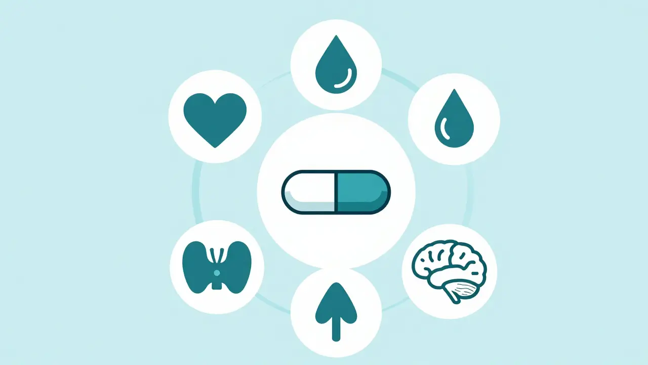 A generic pill surrounded by minimalist icons representing heart, thyroid, brain, and blood glucose health.