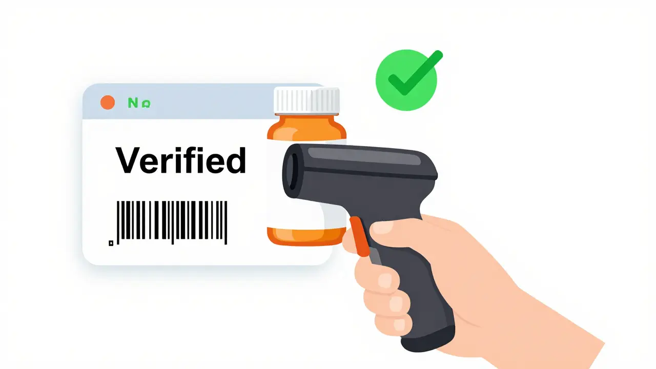 A hand using a barcode scanner to verify a medication bottle with a green checkmark.