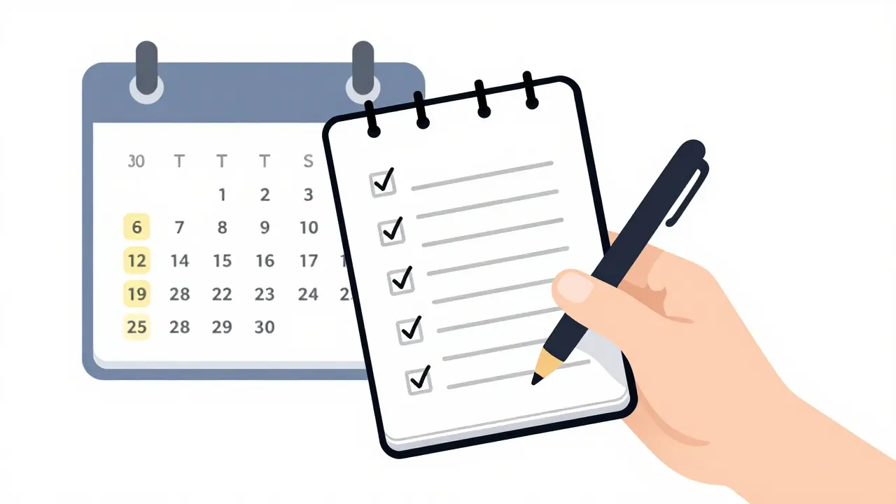 A hand with a health log and a calendar highlighting a 30-day transition period for medication.