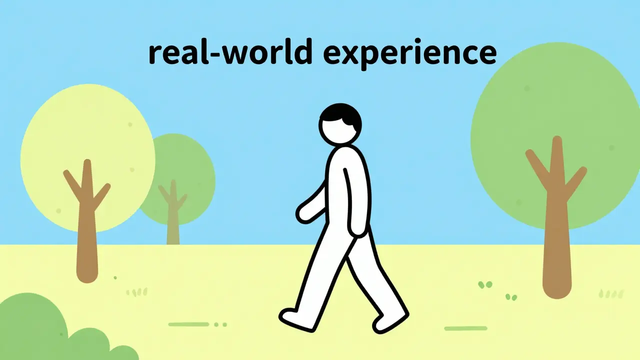 A person walking confidently in a park, symbolizing improved mobility and independence.