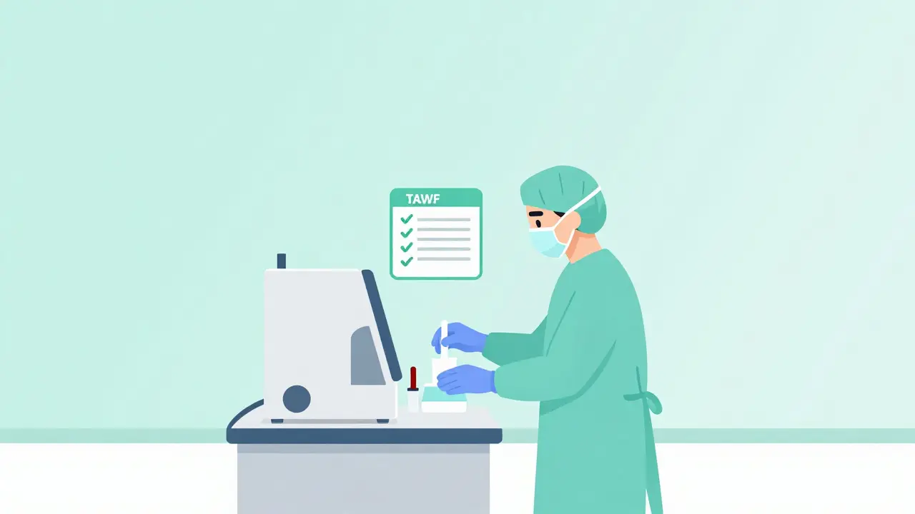 A technician in sterile gear preparing an IV bag with a digital checklist.