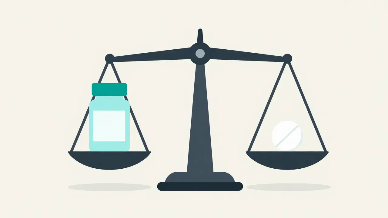Balance scale weighing a branded medicine bottle against a generic pill.