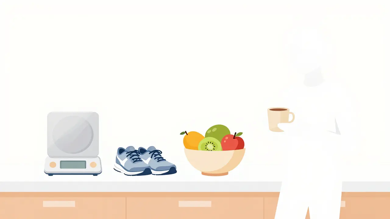 Kitchen counter with scale, shoes, and fruit bowl